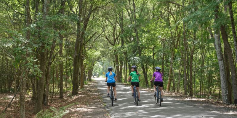 Three friends ride bicycles on the Jacksonville Baldwin Rail Trail through a forest on a sunny day.