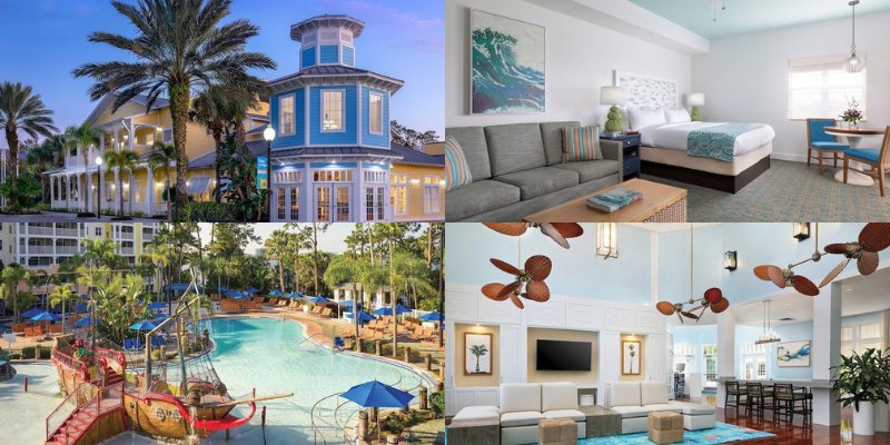 Four images show Marriott’s Harbour Lake, featuring the hotel exterior and a serene pool area surrounded by greenery.
