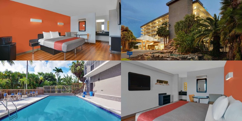 Motel 6 Cutler Bay FL with two guest rooms, outdoor swimming pool, and front view of the hotel building