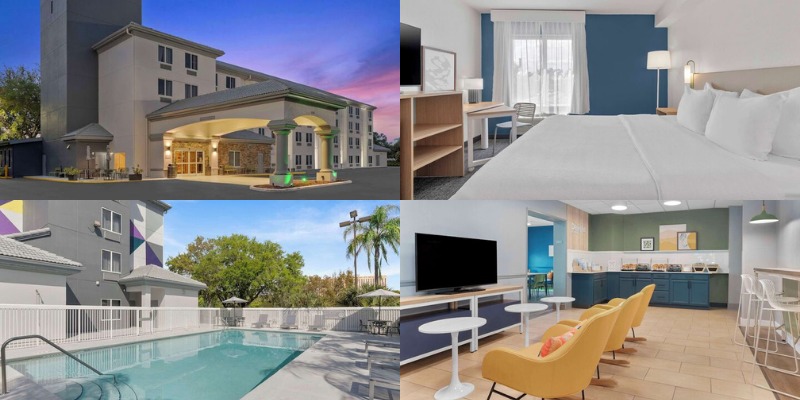 Four images showcasing Spark by Hilton Orlando - a cozy hotel room, a vibrant pool, and inviting common areas.