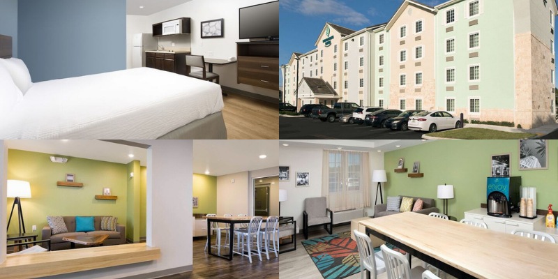 WoodSpring Suites Miami Southwest showing exterior, guest room, lobby seating, and dining areas