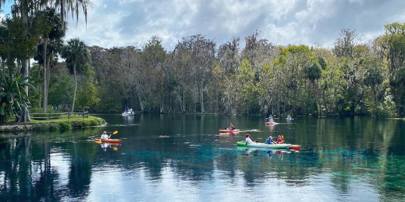 People kayaking in Silver Springs State Park, Ocala, Florida, are enjoying the clear waters and natural surroundings.