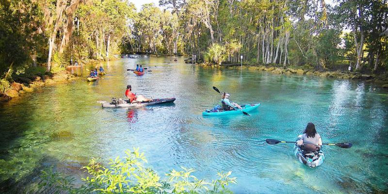 People kayaking in the calm waters of Three Sisters Springs, Florida, enjoying a sunny day on the river.