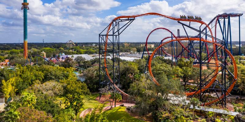 A thrilling roller coaster in motion, with riders cheering as it loops and turns at Busch Gardens Tampa Bay.