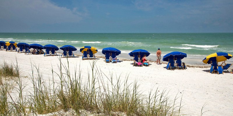 Caladesi Island State Park features a beach with numerous umbrellas and chairs set up on the warm sand for sunbathers.