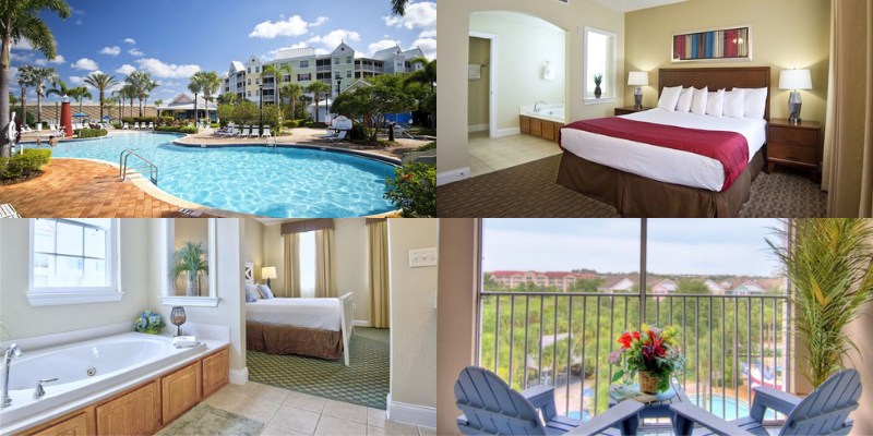 Hotel room with a bed and seating area, pool with lounge chairs, and a jacuzzi surrounded by greenery at Calypso Cay Vacation Villas.