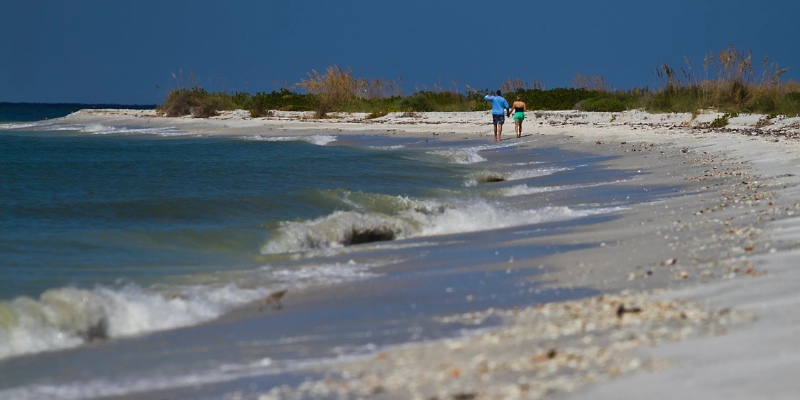 A couple walks along the shoreline at Cayo Costa State Park, with the ocean and clear sky creating a serene backdrop.