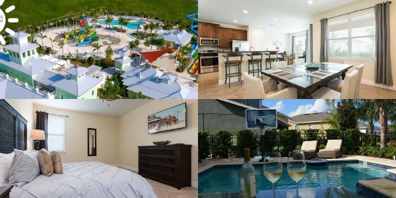 A collage of four images displaying a pool, a bedroom, and a living room from the Disney Dreams Luxury Villa by RedAwning.