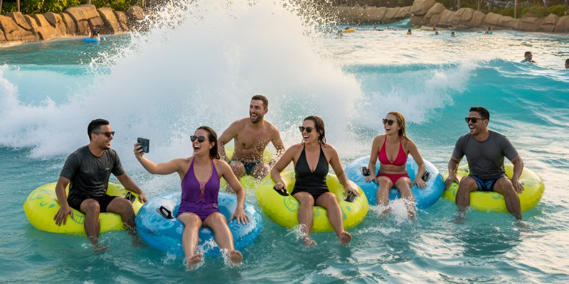 Young adults enjoying a wave pool ride at Disney's Typhoon Lagoon.