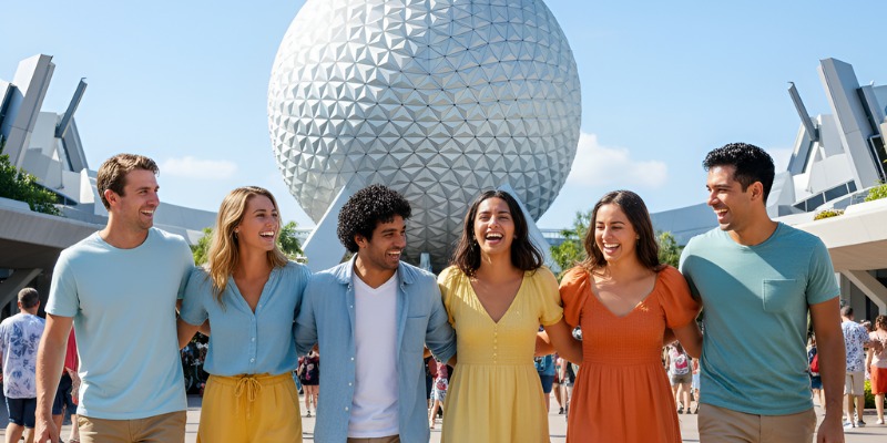 Friends laughing in front of Spaceship Earth at EPCOT, a great Florida destination.