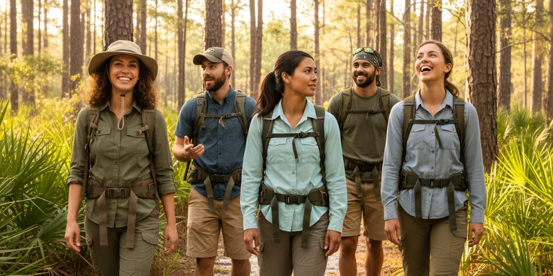 Young adults hiking a forest trail in Ocala National Forest, a must-visit adventure spot in Florida for young travelers.