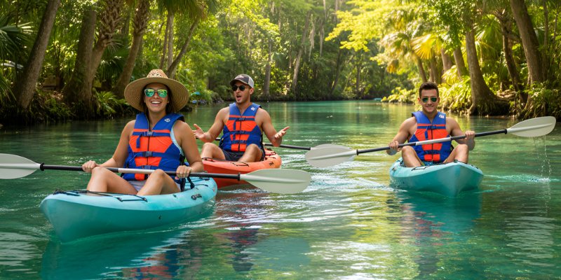 Friends kayaking through clear waters at Weeki Wachee Springs, a top outdoor destination for young adults in Florida.