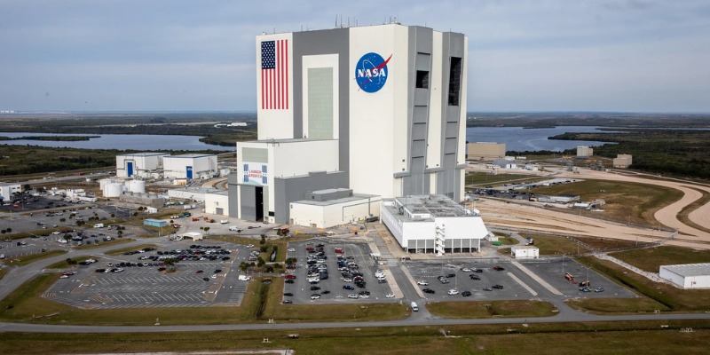 Kennedy Space Center's new launch pad for NASA's space shuttles, featuring a large concrete platform and support structures.