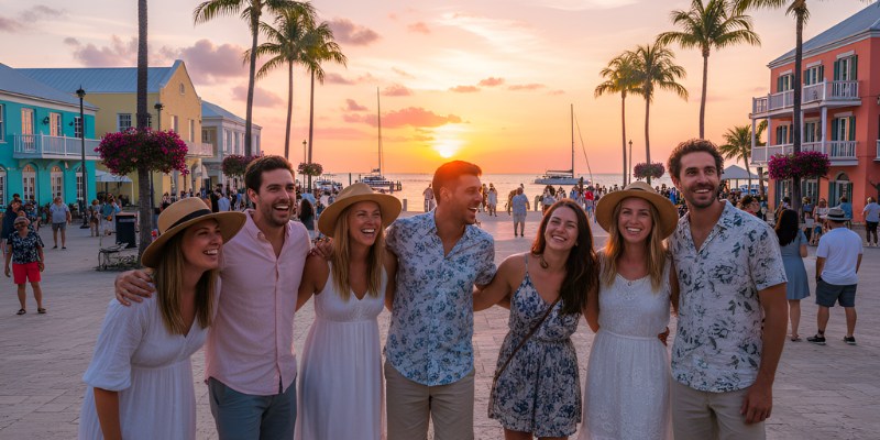 Young adults smiling in Key West at sunset, a lively Florida destination.