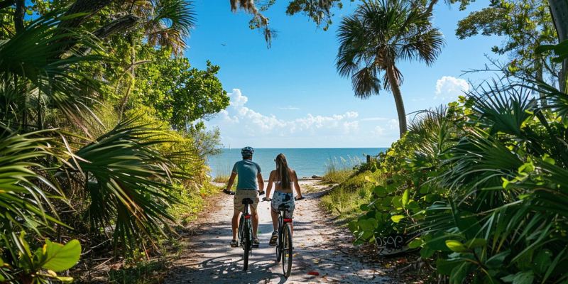 A couple pedals bicycles on a trail near the ocean, framed by lush vegetation at Lovers Key State Park.