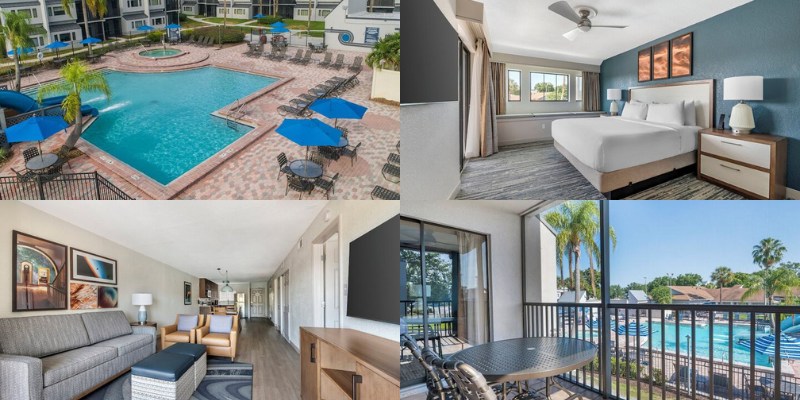 Images of a hotel room with a pool and patio, highlighting cozy interiors and a relaxing outdoor area at Orbit One Vacation Villas.