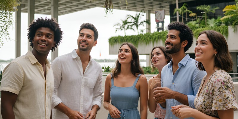 Friends looking up at the Perez Art Museum Miami.