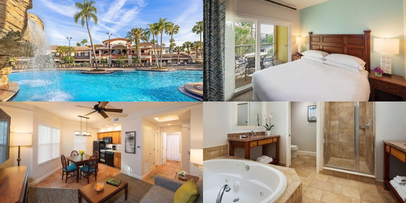 Comfortable hotel room, outdoor pool with sun loungers, and a jacuzzi at Sheraton Vistana Villages Resort in Orlando.