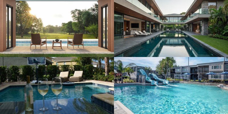A collection of images highlights villas with private pools, a relaxing patio space, and a stylish house in a serene setting.