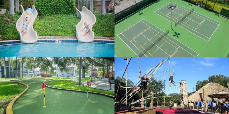 Images of outdoor activities associated with villas, featuring sports facilities, hiking trails, and leisure spaces.