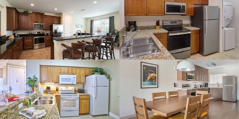 Images showcase kitchen, dining room, and living room designs in villas, highlighting modern furnishings and open layouts.