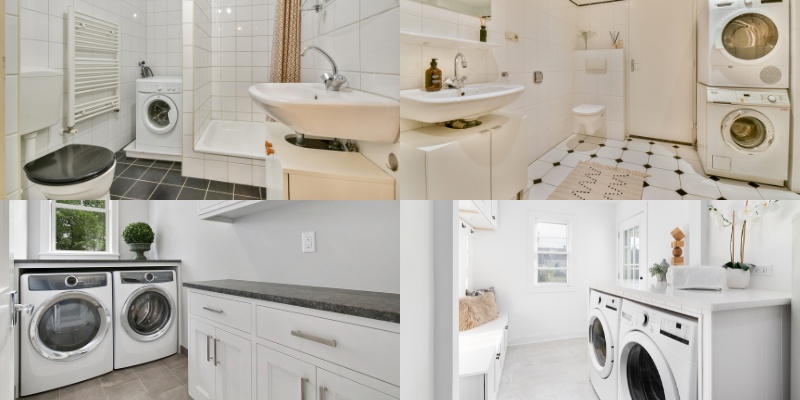 A variety of laundry facilities in villas displaying diverse styles, equipment, and functional arrangements for laundry.