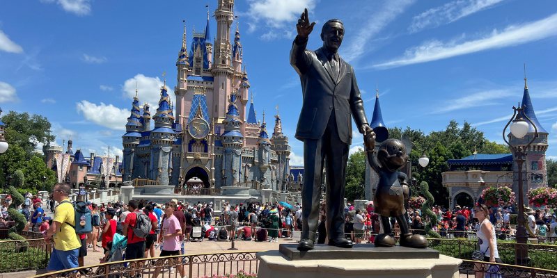 A view of Walt Disney World with colorful attractions and happy visitors enjoying the magical atmosphere of the park.