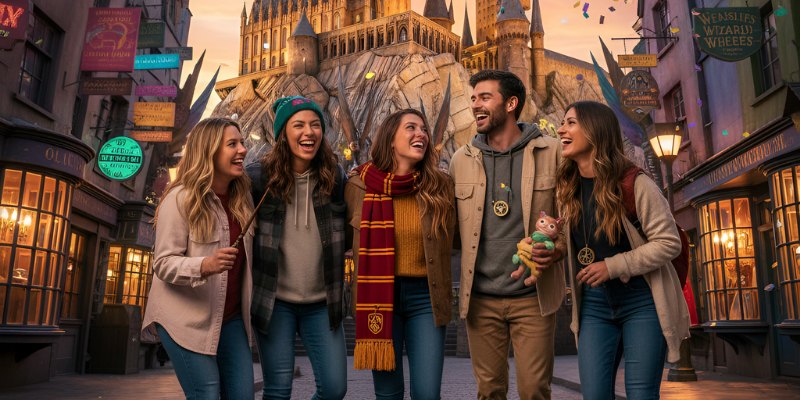 Young adults smiling at the Wizarding World of Harry Potter, a magical Florida experience.