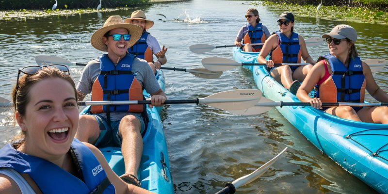 Group of young adults kayaking together on a sunny day in the Indian River Lagoon, one of the best places to visit in Florida.