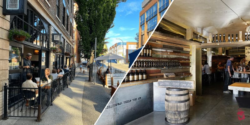 A split image showing two different pub scenes. The left shows an outdoor patio with people dining. The right shows a rustic indoor pub with a bar and patrons.