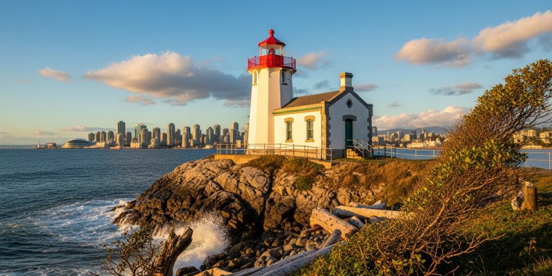 The Brockton Point Lighthouse, a white square tower with a red lantern room, standing on a rocky shoreline with the ocean and the distant Vancouver skyline in the background.