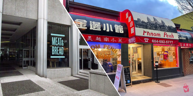 A split image of two restaurants. The left shows "MEAT & BREAD" with a modern exterior. The right displays "Phnom Penh," a vibrant Cambodian-Vietnamese restaurant with a red awning.