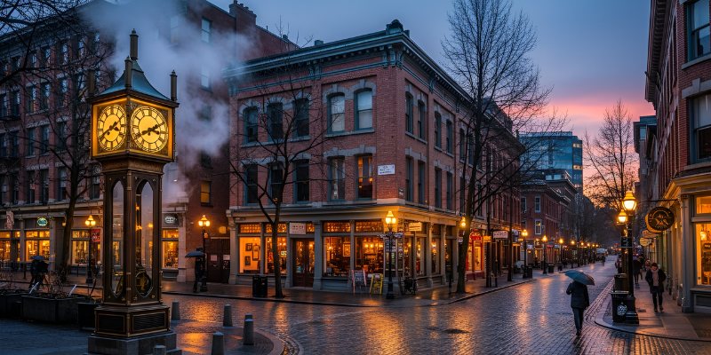 A street-level view of the Gastown Steam Clock on a wet, cobblestone street at dusk, surrounded by historic red brick buildings, streetlamps, and pedestrians with umbrellas.