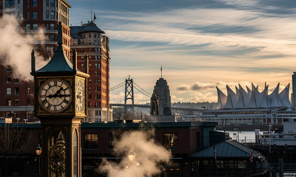 Close-up view historical landmarks in Vancouver with Gastown Steam Clock emitting steam, the white sails of Canada Place, and the city skyline visible in the background during the golden hour.