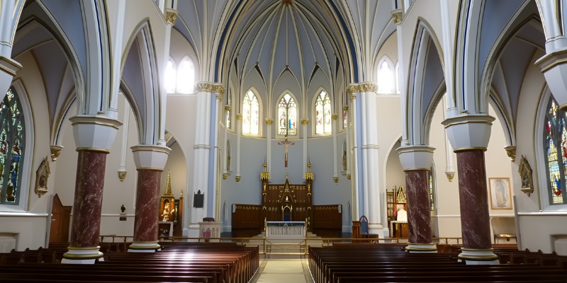 Interior view of the Holy Rosary Cathedral showing high vaulted ceilings with blue and gold detailing, faux-marble columns, wooden pews, and a decorative altar at the far end.