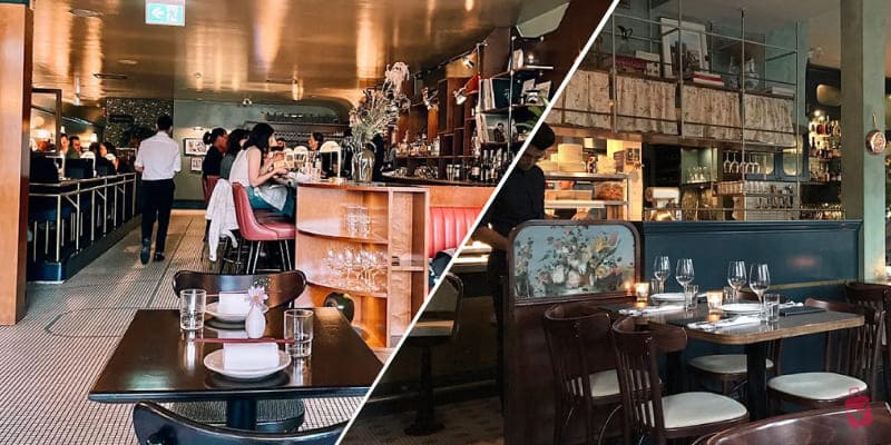 A collage of two upscale restaurant interiors. The left side shows a bustling dining area with patrons and staff. The right side features a more intimate setting with set tables.
