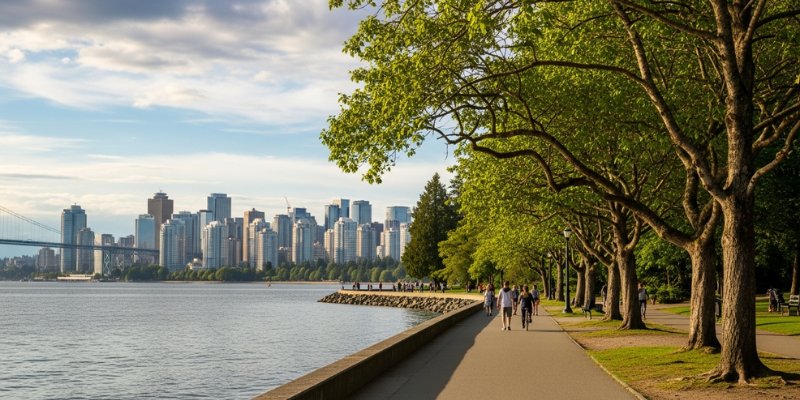 A paved walking and biking path along the Stanley Park Seawall shaded by large green trees, with the calm ocean on the left and the city skyline in the distance.