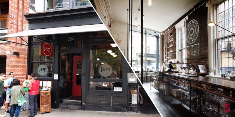 A split image of "Jam" restaurant exterior with people waiting, interior with industrial-chic decor.
