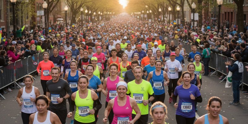 Runners in athletic wear participate in the 130th Boston Marathon on a city street, cheered by spectators.