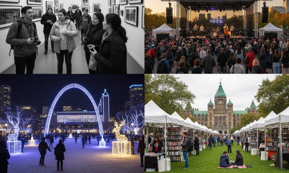 Annual festivals in Toronto are depicted with scenes of art exhibitions, outdoor concerts, a lively skating rink, and a book fair outside a grand building.