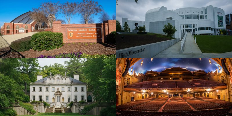 Atlanta's cultural landmarks, including the entrance to the Martin Luther King Jr. National Historic Site, the elegant High Museum of Art, the grand Swan House surrounded by lush greenery, and the opulent interior of the historic Fox Theatre.
