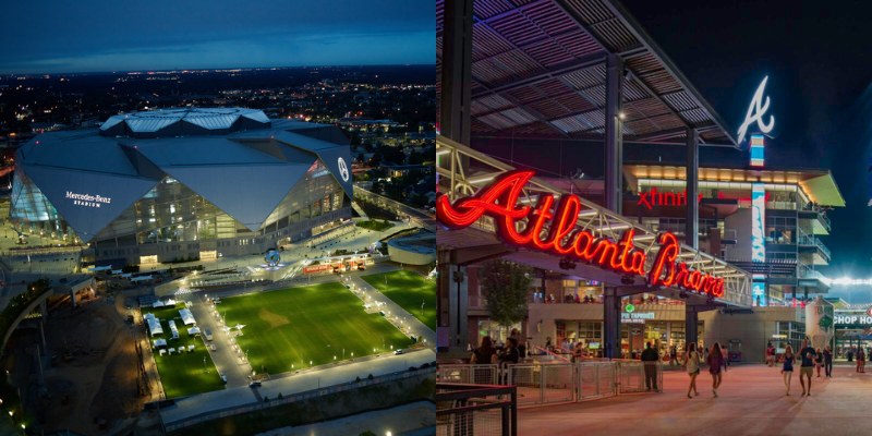 Dramatic night views of Atlanta's major entertainment venues Mercedes-Benz Stadium lit up against the city skyline, and the lively illuminated entrance of Truist Park, home of the Atlanta Braves, bustling with fans.