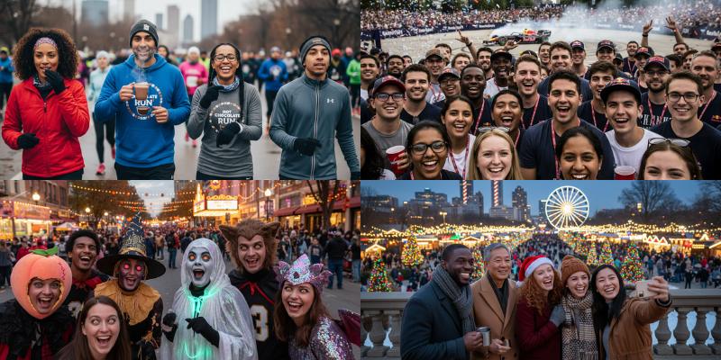 Four collaged images show diverse groups enjoying Atlanta's seasonal events. Top left and right are runners and race fans. Bottom left and right are people in costumes and holiday market-goers.