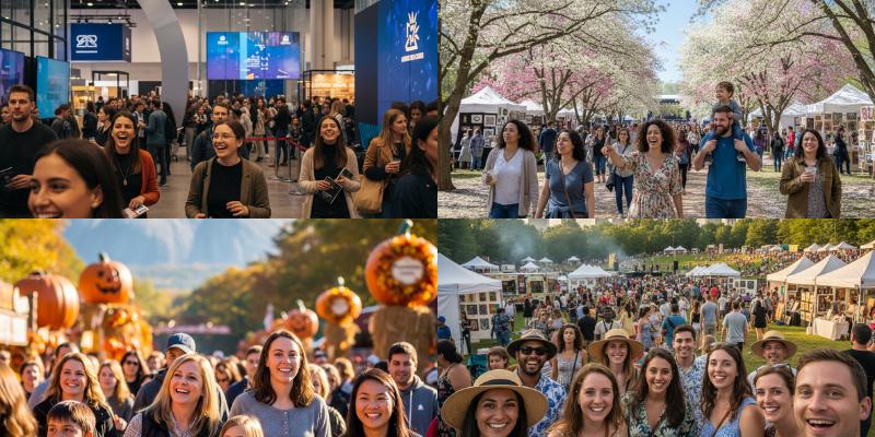 A vibrant collage of Atlanta's seasonal festivals depicts diverse crowds enjoying indoor exhibitions, spring blossoms, and autumn pumpkin patches.