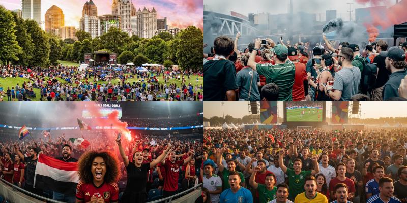 Fans gather for Atlanta's 2026 Special Events. Top left a crowd enjoys a concert in a park with the city skyline. Top right fans ignite flares. Bottom images show enthusiastic crowds at sporting events.