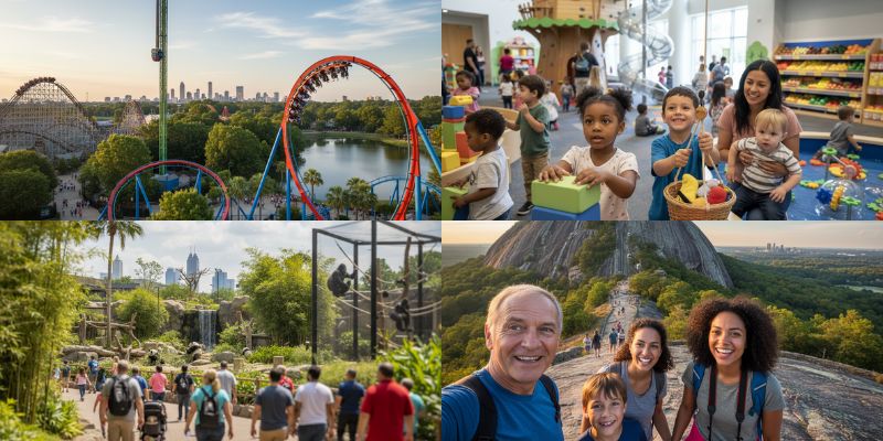 A collage of family-friendly Atlanta attractions, featuring a thrilling rollercoaster at a theme park, children playing happily in a colorful museum exhibit, a diverse crowd at a zoo, and a family hiking up Stone Mountain with the city skyline in the distance.