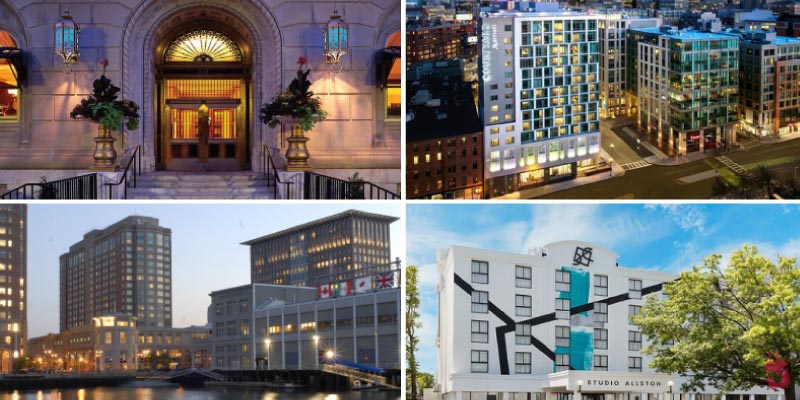 A collage of Boston hotels: a grand historic entrance, a modern glass skyscraper, a harbor-front building, and the artistic Studio Allston.