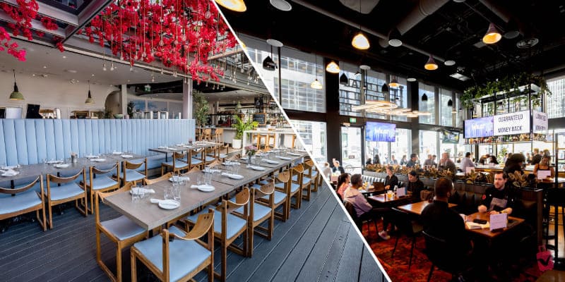Interior of two restaurants near BMO Field in Toronto, one with modern decor and red floral accents, the other a lively bar setting with patrons.