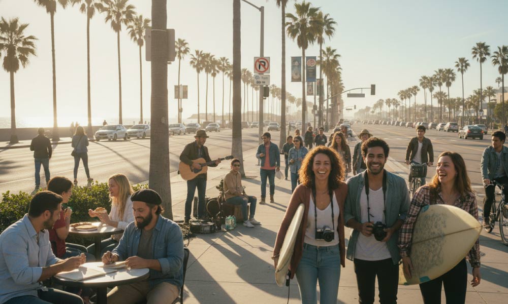 People walk along a palm-tree lined street next to a beach, some carrying surfboards, others sitting at outdoor cafes.
