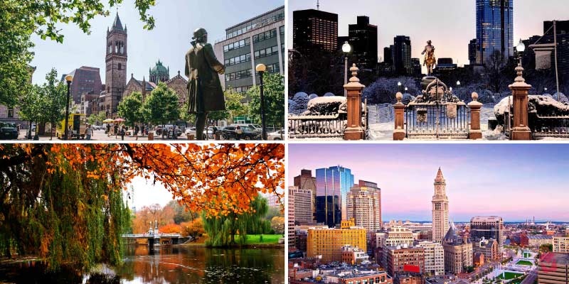 Collage showing Boston across four seasons - green trees in spring, snowy gates in winter, orange autumn leaves by a pond, and a city sunset.